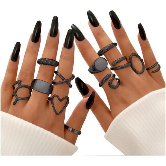 💫 Women Black Knuckle Ring 18KPlated Open Stacking Adjustable Chunky Rings Gift - Picture 1 of 4